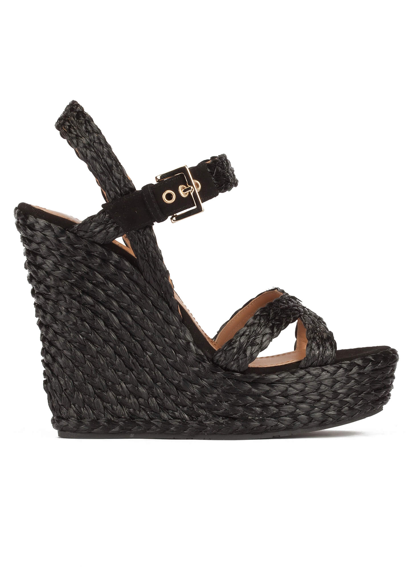 Sandalias cuña en rafia negro con hebilla . PURA LOPEZ