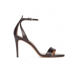 Minimalist ankle strap high heel sandals in black leather Pura López