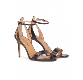 Minimalist ankle strap high heel sandals in black leather Pura López