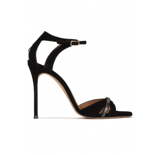 Crystal-embellished high heel sandals in black suede Pura López