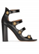 High block heel sandals in black leather with golden buttons