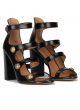 High block heel sandals in black leather with buttons