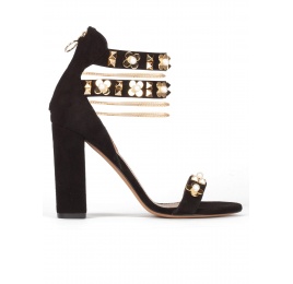 Ankle strap high block heel sandals in black suede Pura López