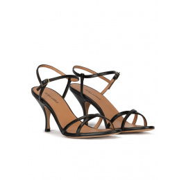 Strappy mid curved heel sandals in black leather Pura López