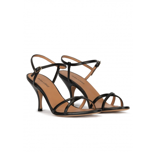 Strappy mid curved heel sandals in black leather Pura López