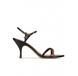 Strappy mid curved heel sandals in black leather Pura López