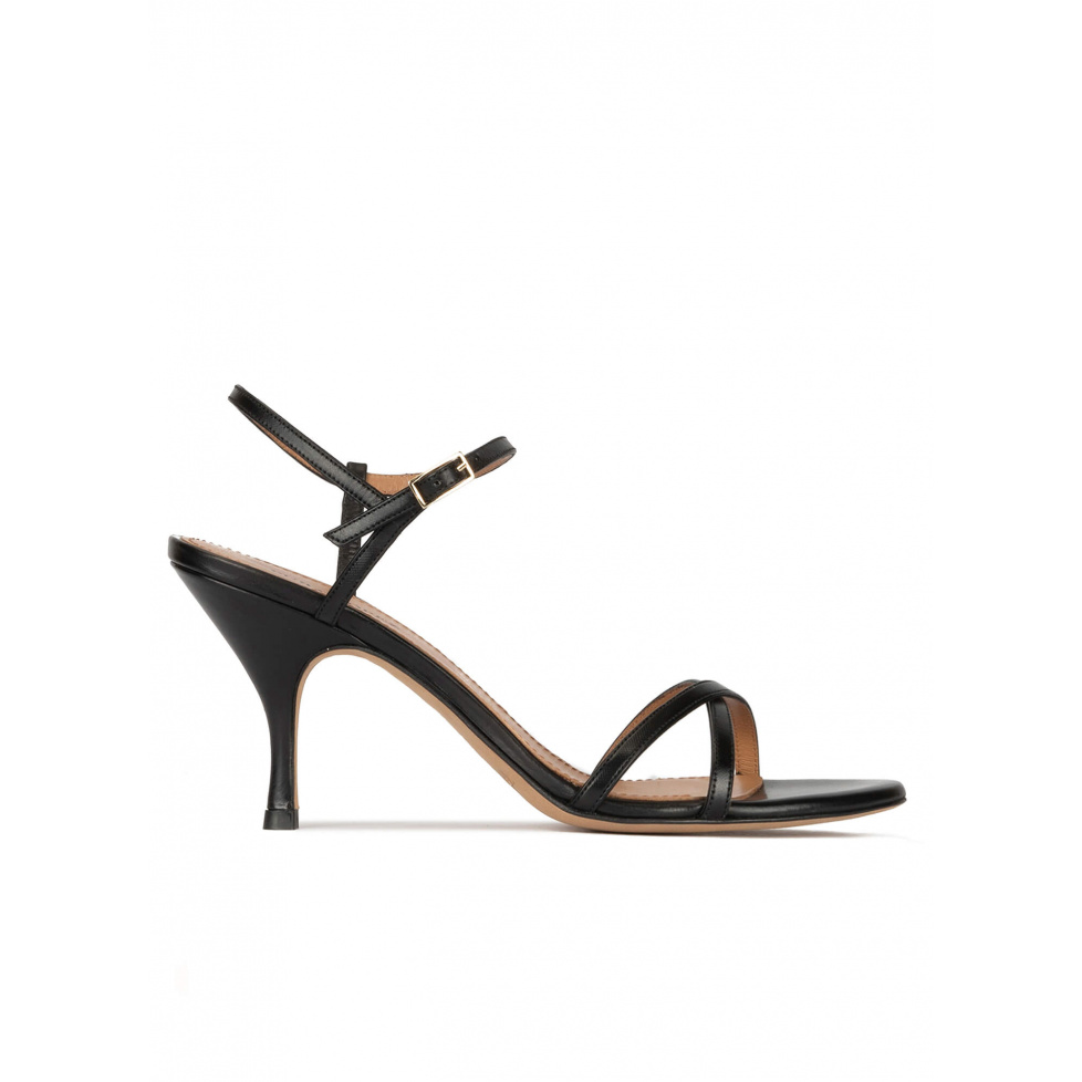 Strappy mid curved heel sandals in black leather