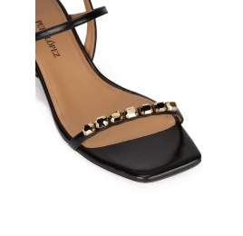 Crystal-embellished mid heel sandals in black leather Pura López