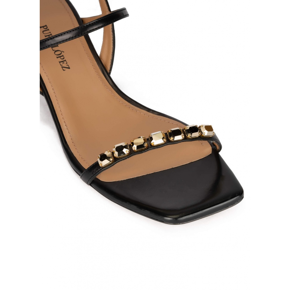 Crystal-embellished mid heel sandals in black leather