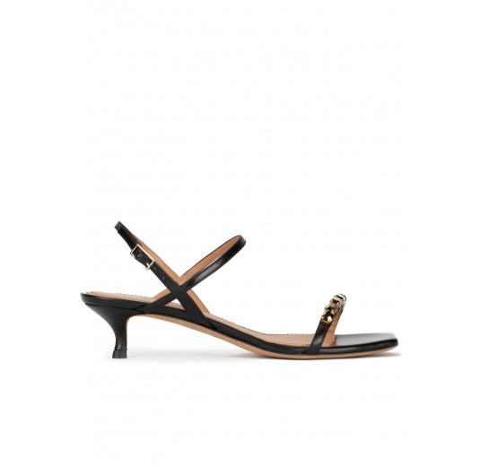 Crystal-embellished mid heel sandals in black leather Pura López