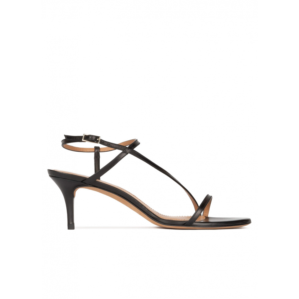 Strappy mid stiletto heel sandals in black leather