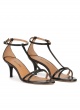 Black leather mid heel sandals with ankle strap