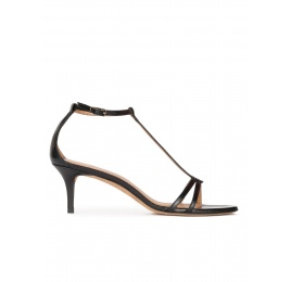 Black leather mid heel sandals with ankle strap Pura López