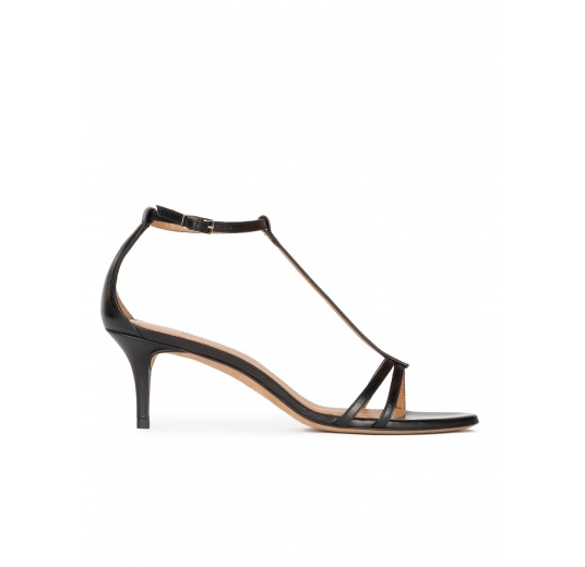 Black leather mid heel sandals with ankle strap Pura López