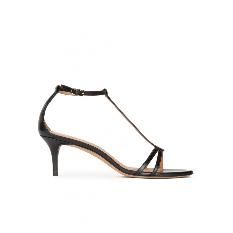 Black leather mid heel sandals with ankle strap