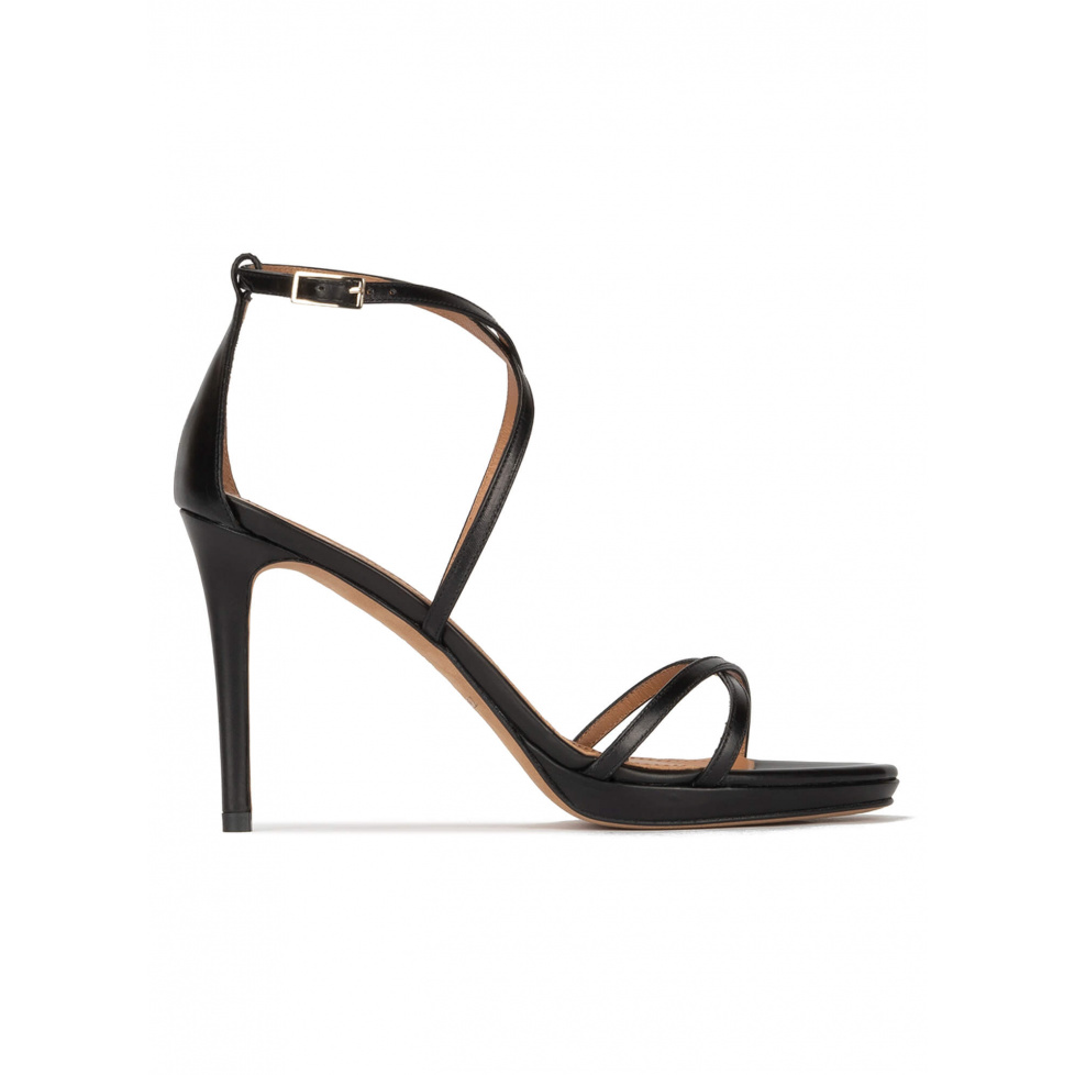 Black leather platform high heel sandals