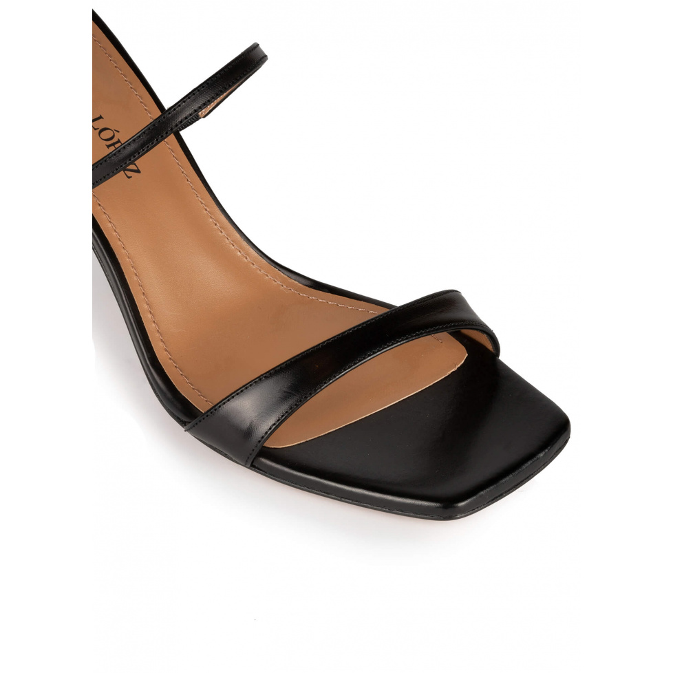 Black leather ankle strap mid heel sandals