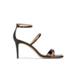 Black leather ankle strap mid heel sandals Pura López