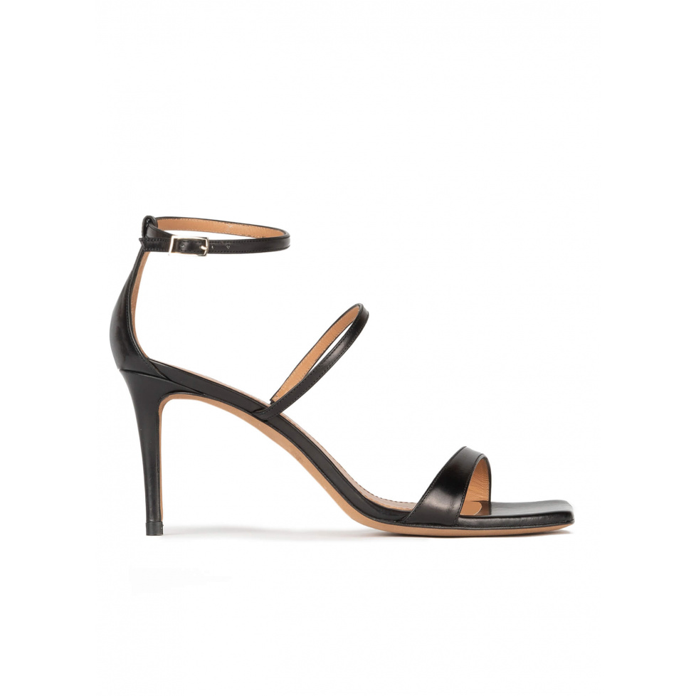 Black leather ankle strap mid heel sandals