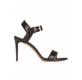 High stiletto heel sandals in black leather with patent piping Pura López