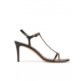 T-bar mid heel sandals in black leather Pura López