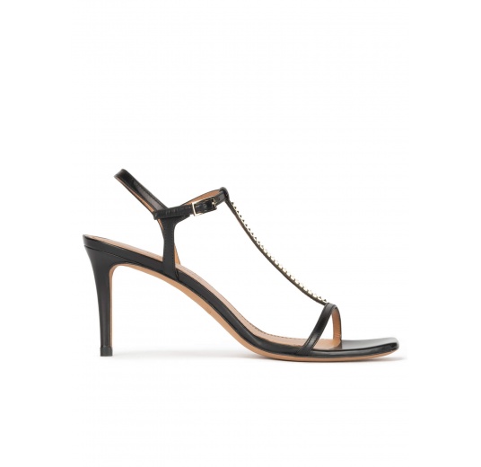 T-bar mid heel sandals in black leather Pura López