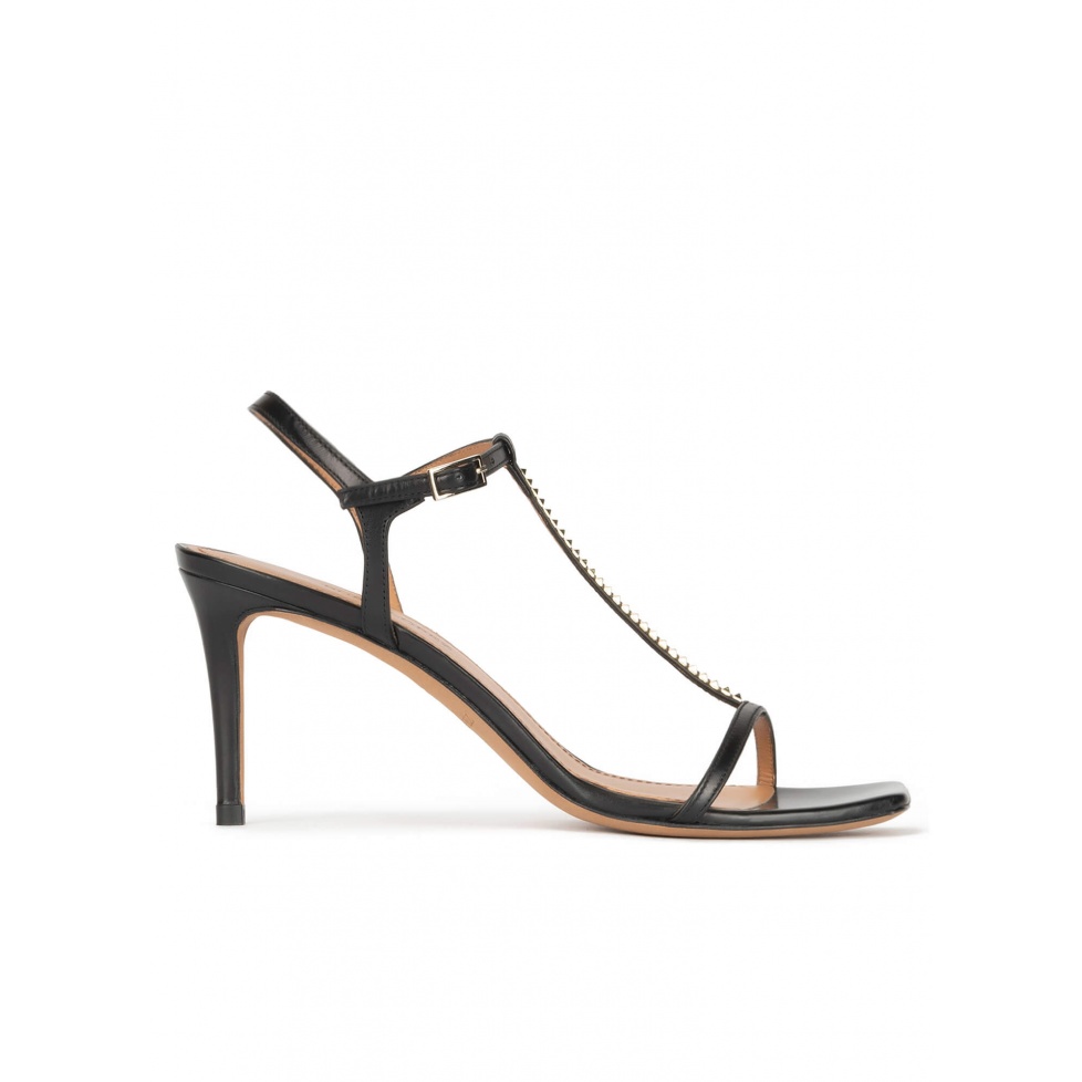 T-bar mid heel sandals in black leather