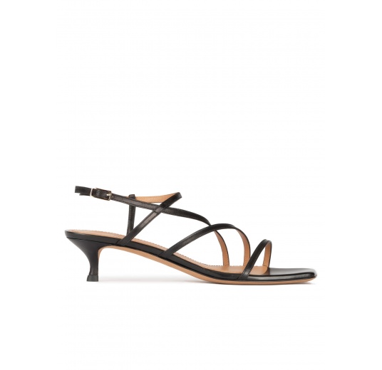 Strappy mid heel sandals in black leather Pura López