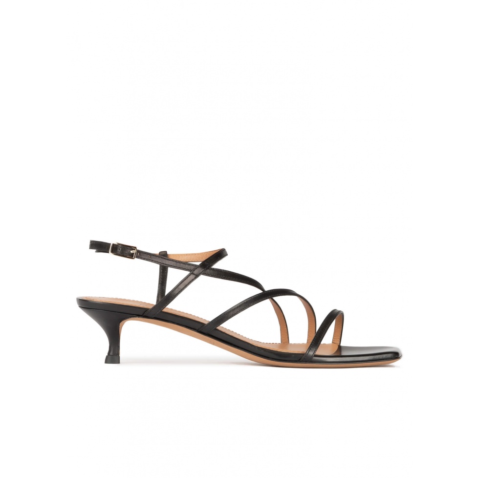 Strappy mid heel sandals in black leather