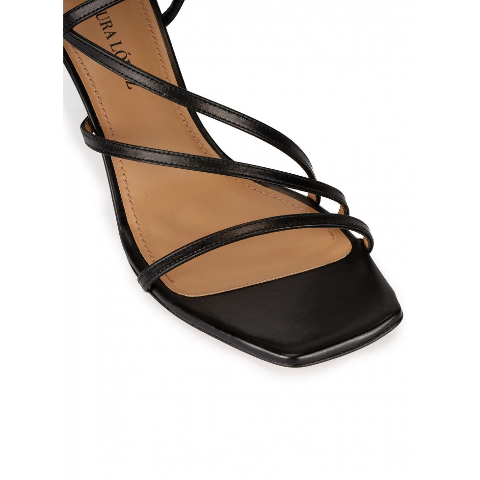 Strappy mid heel sandals in black leather