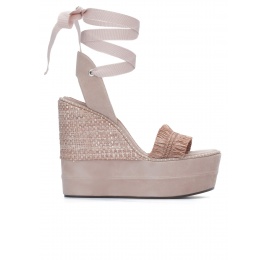 Nude fringed high wedge sandals Pura López