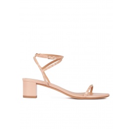 Strappy mid block heel sandals in nude leather with studs Pura López