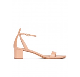 Ankle strap mid block heel sandals in nude leather Pura López