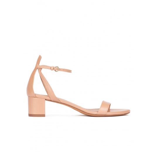 Ankle strap mid block heel sandals in nude leather Pura López