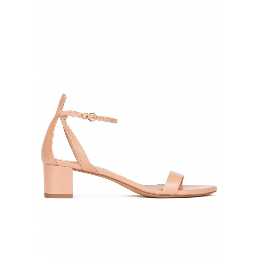 Ankle strap mid block heel sandals in nude leather