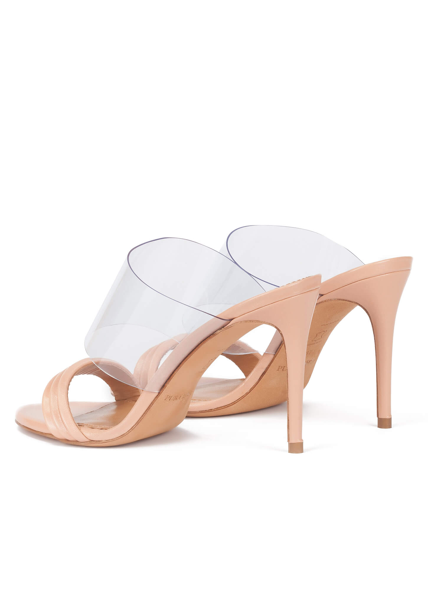 Sandalias tipo mule tacón alto en piel nude y vinilo . PURA LOPEZ