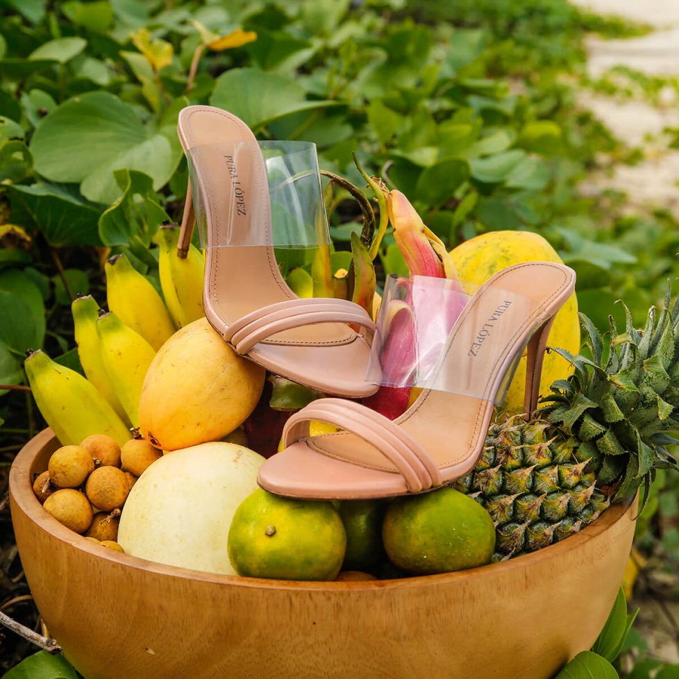 High heel mules in nude leather and transparent vinyl