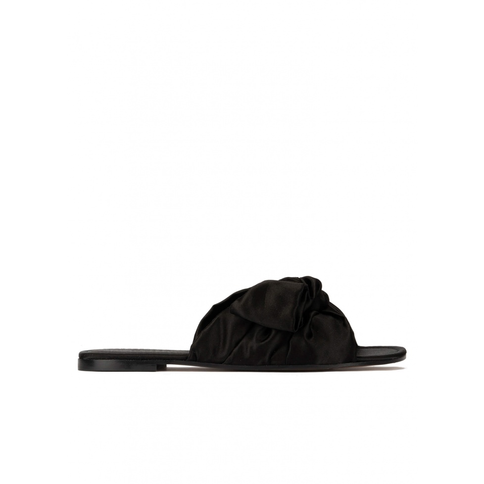 Black satin slides with bow detail