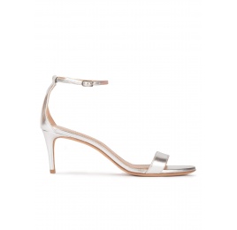 Silver leather mid heel sandals with ankle strap Pura López