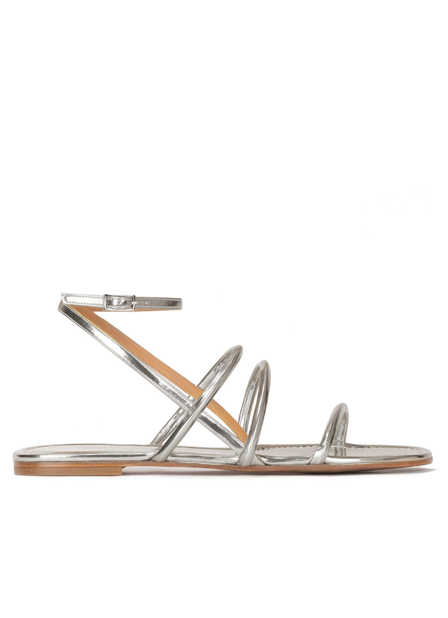 Strappy flat sandals in silver leather . PURA LOPEZ