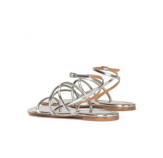 Strappy flat sandals in silver leather Pura López