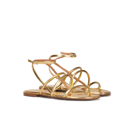 Gold mirrored leather ankle strap flat sandals Pura López