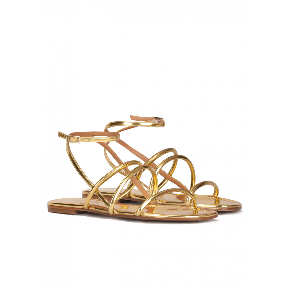 Gold mirrored leather ankle strap flat sandals