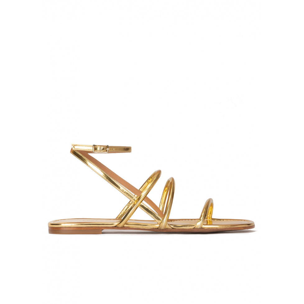 Gold mirrored leather ankle strap flat sandals