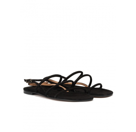 Ankle strap flat sandals in black suede Pura López