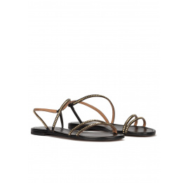 Strappy flat sandals in black leather with golden studs Pura López