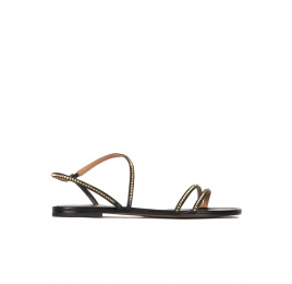 Strappy flat sandals in black leather with golden studs Pura López