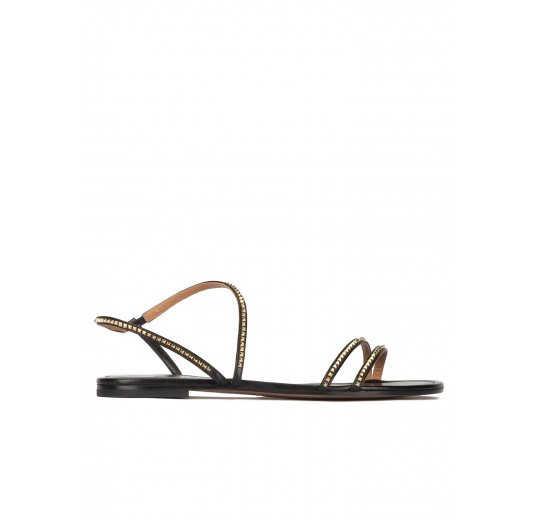 Strappy flat sandals in black leather with golden studs Pura López