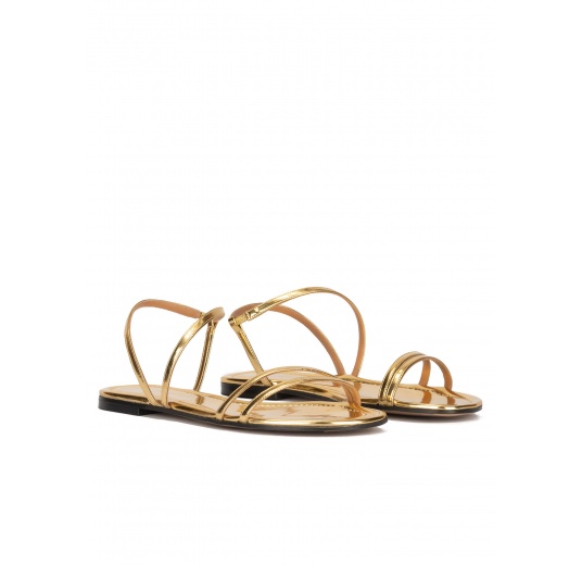 Multi-strap flat sandals in gold mirrored leather Pura López