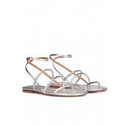 Strappy flat sandals in silver leather Pura López